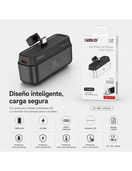 Batería externa 5000mAh 20W TEMCO T160CP portátil