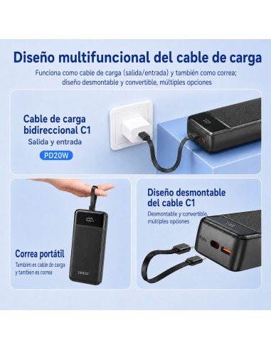 Batería externa 20000mAh TEMCO con pantalla LED y carga rápida