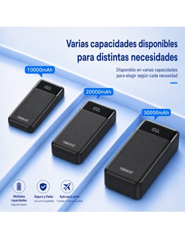 Batería externa 20000mAh TEMCO con pantalla LED y carga rápida