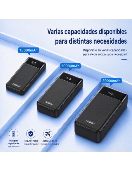 Batería externa 20000mAh TEMCO con pantalla LED y carga rápida