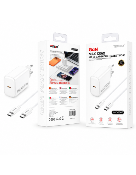 Cargador Tipo C 120W GaN con cable TEMCO JYC-120T