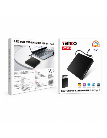 LECTOR DVD EXTERNO USB3.0/TYPEC YWA05 TEMCO