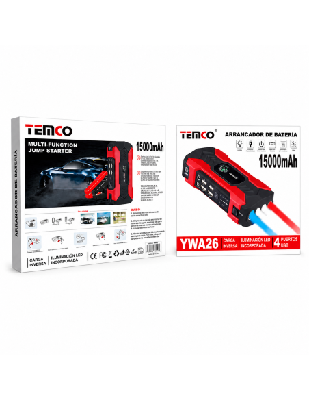 ARRANCADOR DE BATERIA 15000MAH 4USB YWA26 TEMCO