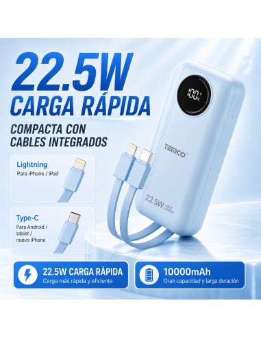 Batería externa 10000mAh 22.5W TEMCO con cables integrados