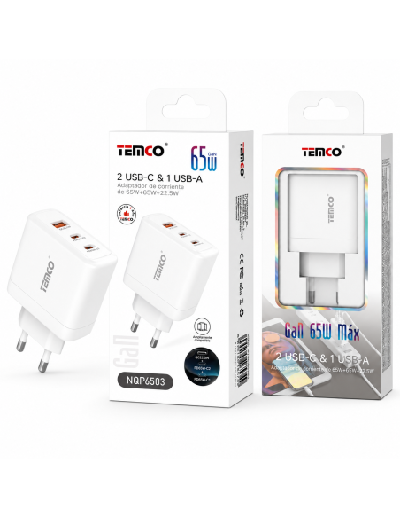 Cargador GaN 65W 2 USB-C + USB TEMCO NQP6503