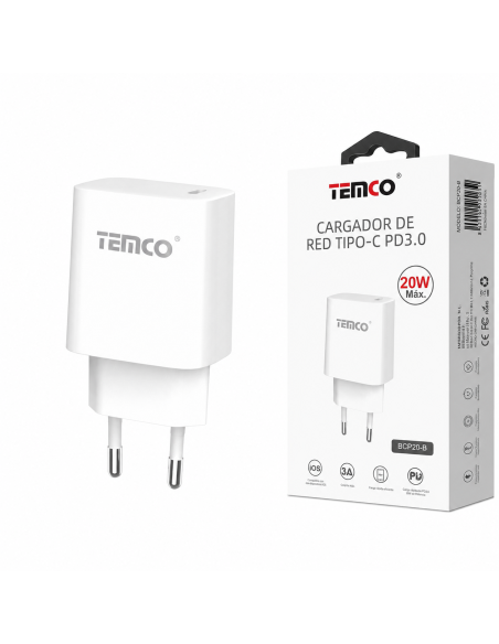 CARGADOR DE RED TIPO C 20W BCP20-B TEMCO