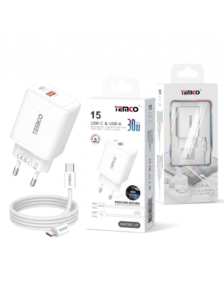 CARGADOR USB C+A 30W C/CABLE 30W NQP3001-3T TEMCO