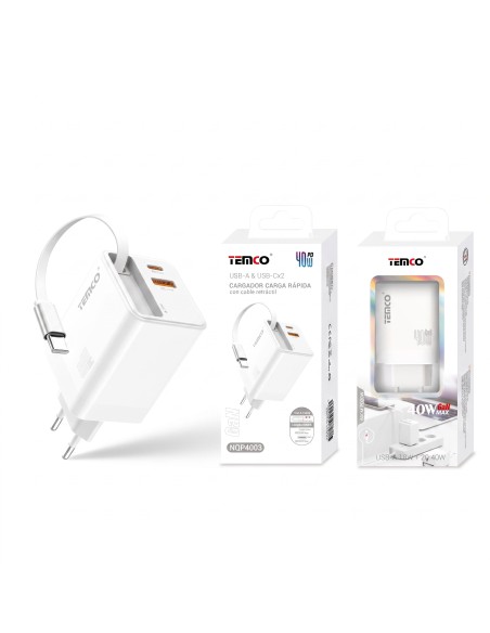 Cargador USB-C 40W retráctil TEMCO NQP4003