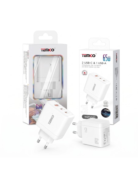 Cargador GaN 65W 2 USB-C + USB TEMCO NQP6503