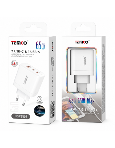 Cargador GaN 65W 2 USB-C + USB TEMCO NQP6503