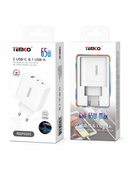 Cargador GaN 65W 2 USB-C + USB TEMCO NQP6503